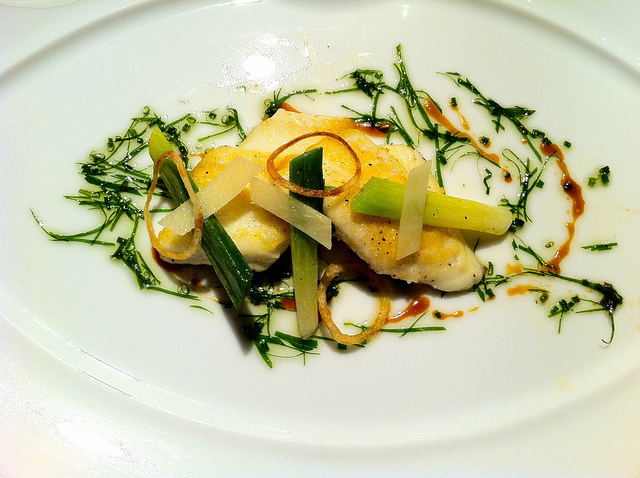 Dover sole fillet, baby leeks with ginger